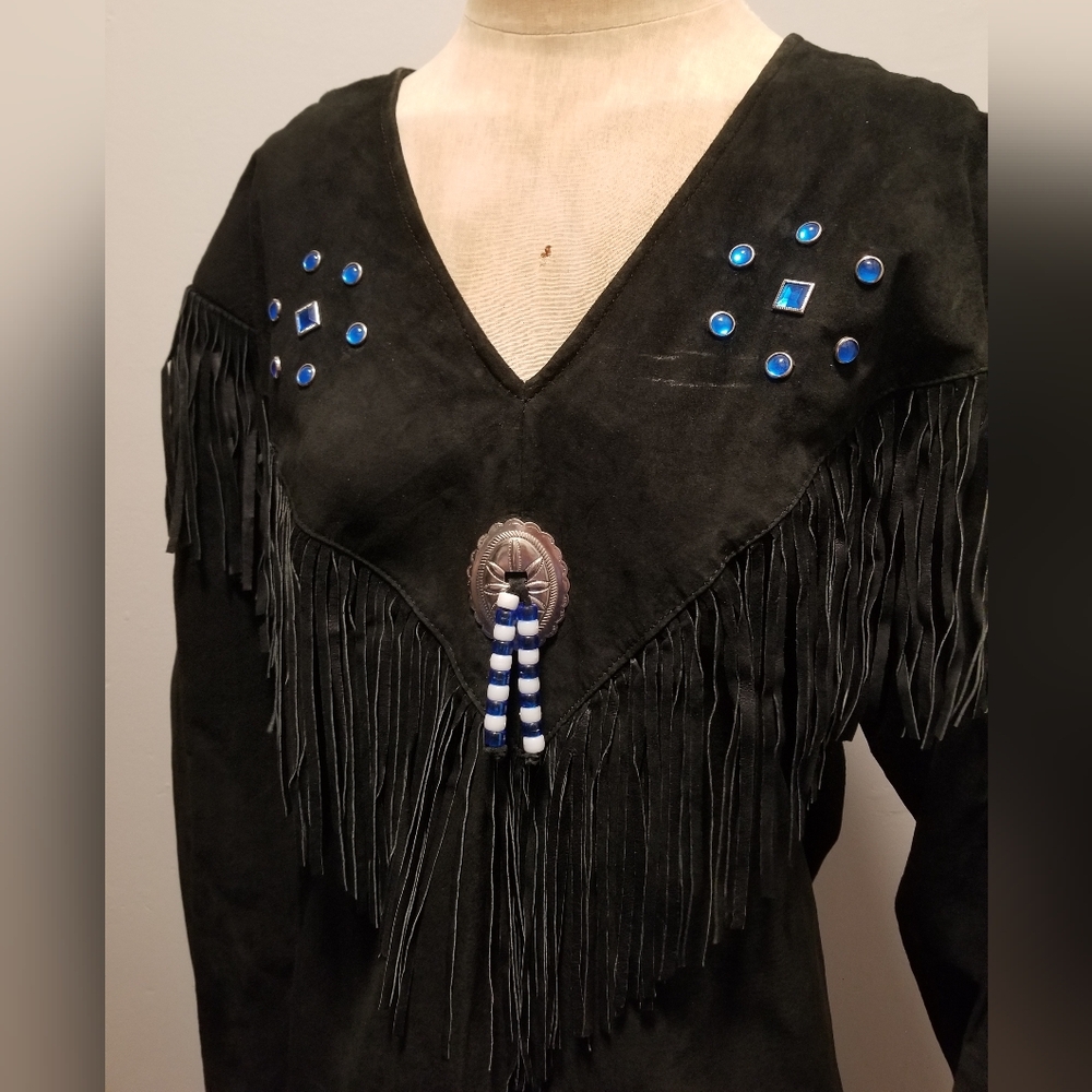 VINTAGE LEATHER JACKET PULLOVER WINDBREAKER SUEDE UNISEX FESTIVAL FRINGE HIPPIE - Picture 4 of 7